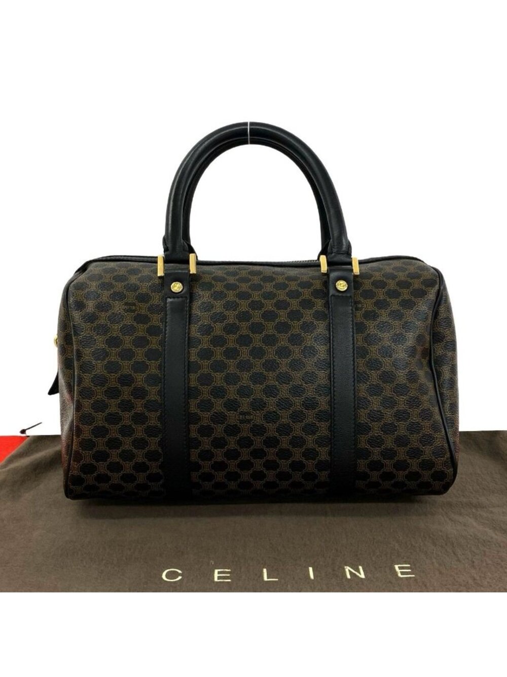 Celine Macadam Blason Pattern Triomphe Leather Boston Bag Handle Brown